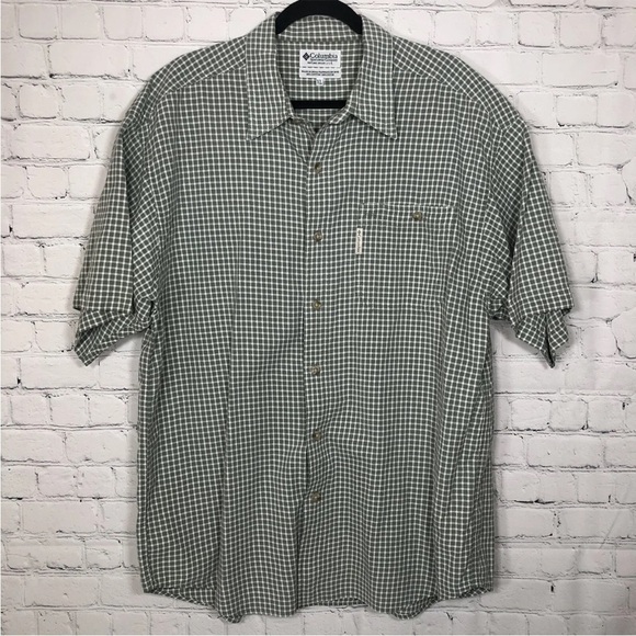 Columbia Shirt Mens XL Green White Checkered Button Down Short Sleeve - Picture 1 of 9